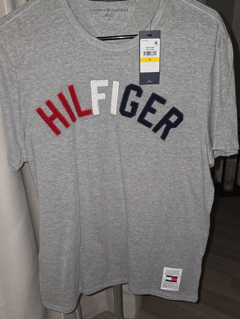 Tommy Hilfiger Grey Short-Sleeve Tee with Red White Navy 'HILFIGER' Applique